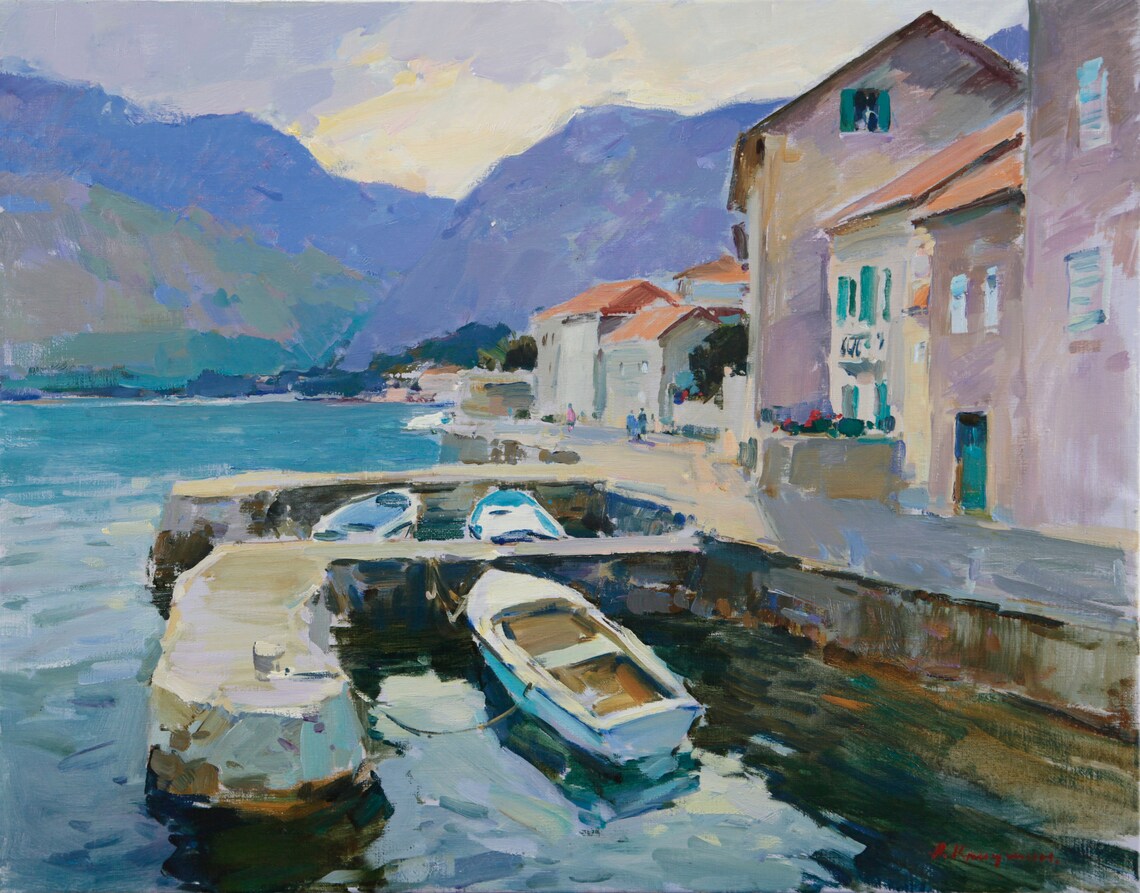 Boats At The Pier Landscape Oil Painting - Image 3