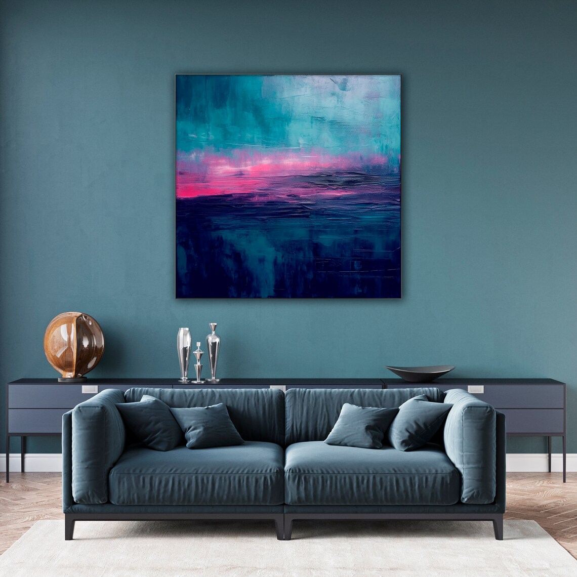 Dark Blue Abstract Painting Unique Sunset Landscape With Pink And Red Accents - Image 2