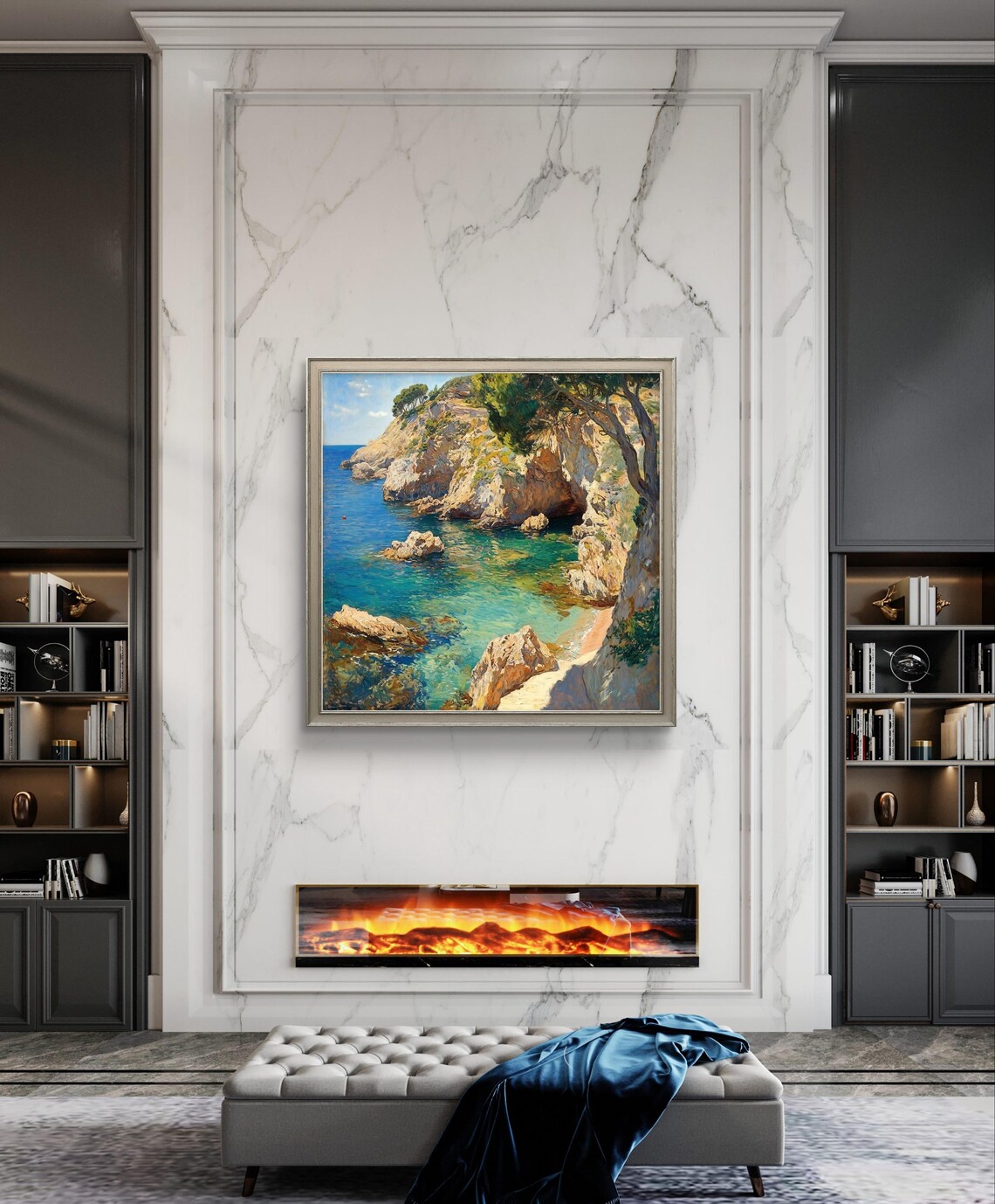 Mediterranean Riviera Seaside, Impressionist Seascape Art