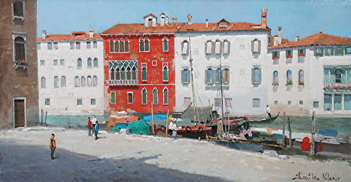 Venice Canal Boats And Architecture Oil Painting - Image 3