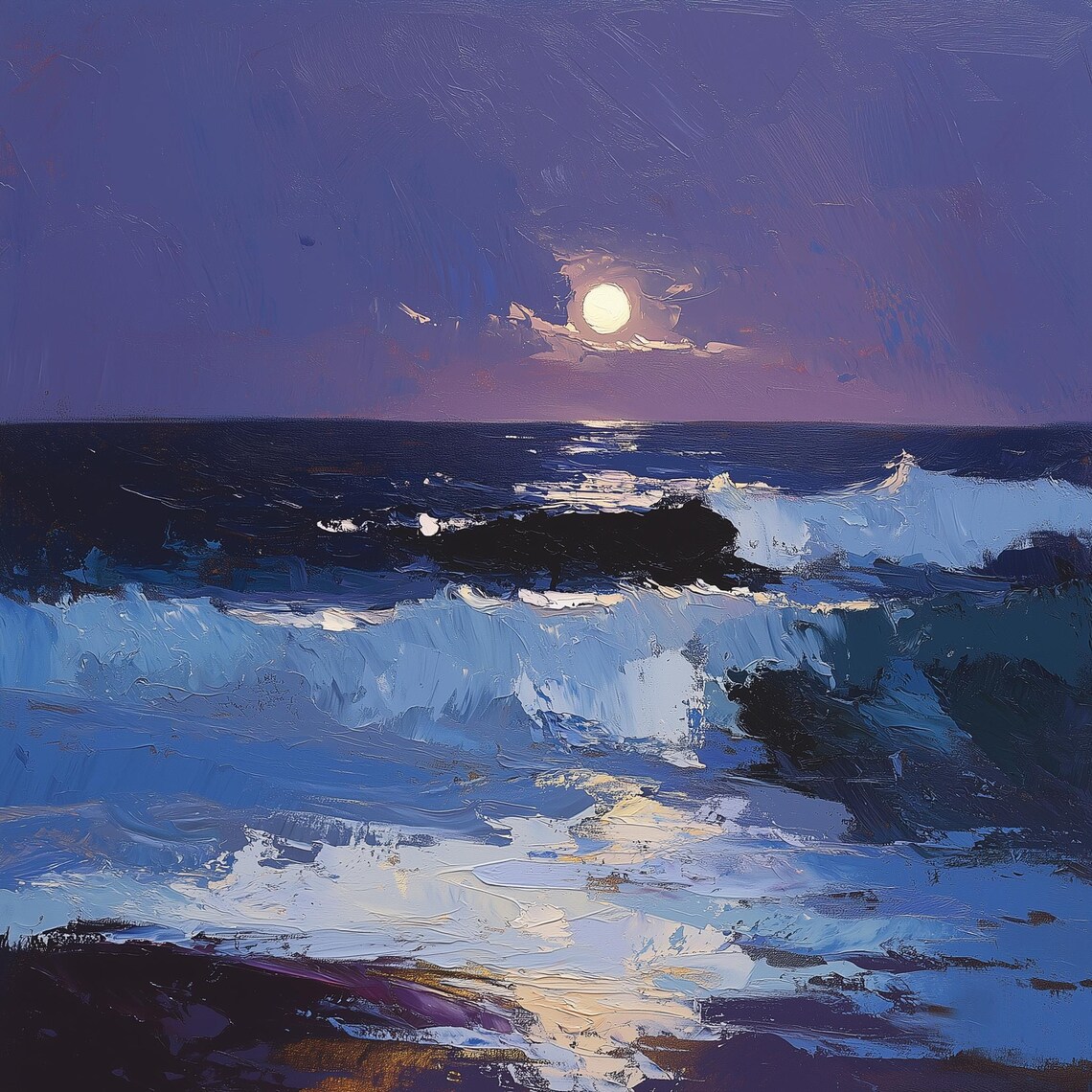 Night Seascape with Moonlit Waves, Oil Painting - Image 3