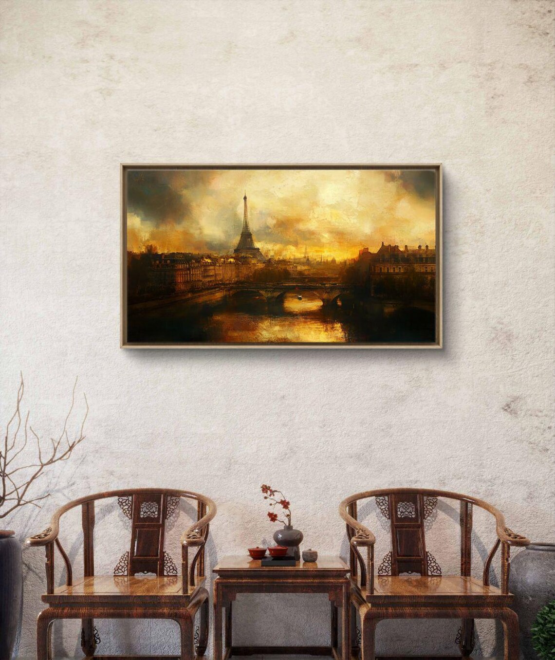 Golden Sunset Over Paris, Impressionist Cityscape