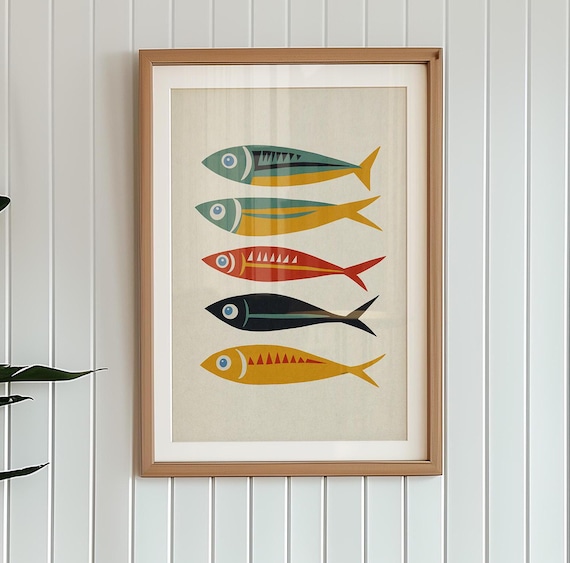 Coastal Wall Decor Fish Art Print Beach House Modern Kitchen Decor Nautical Wall Art Colorful Sardine Print Ocean Home Decor Office Art