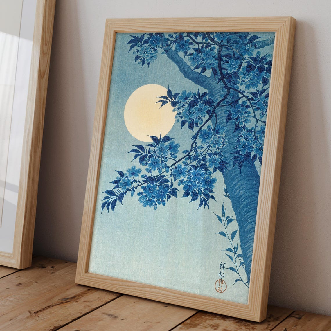 Ohara Koson Cherry Blossom Full Moon Blue Japanese Woodblock Poster