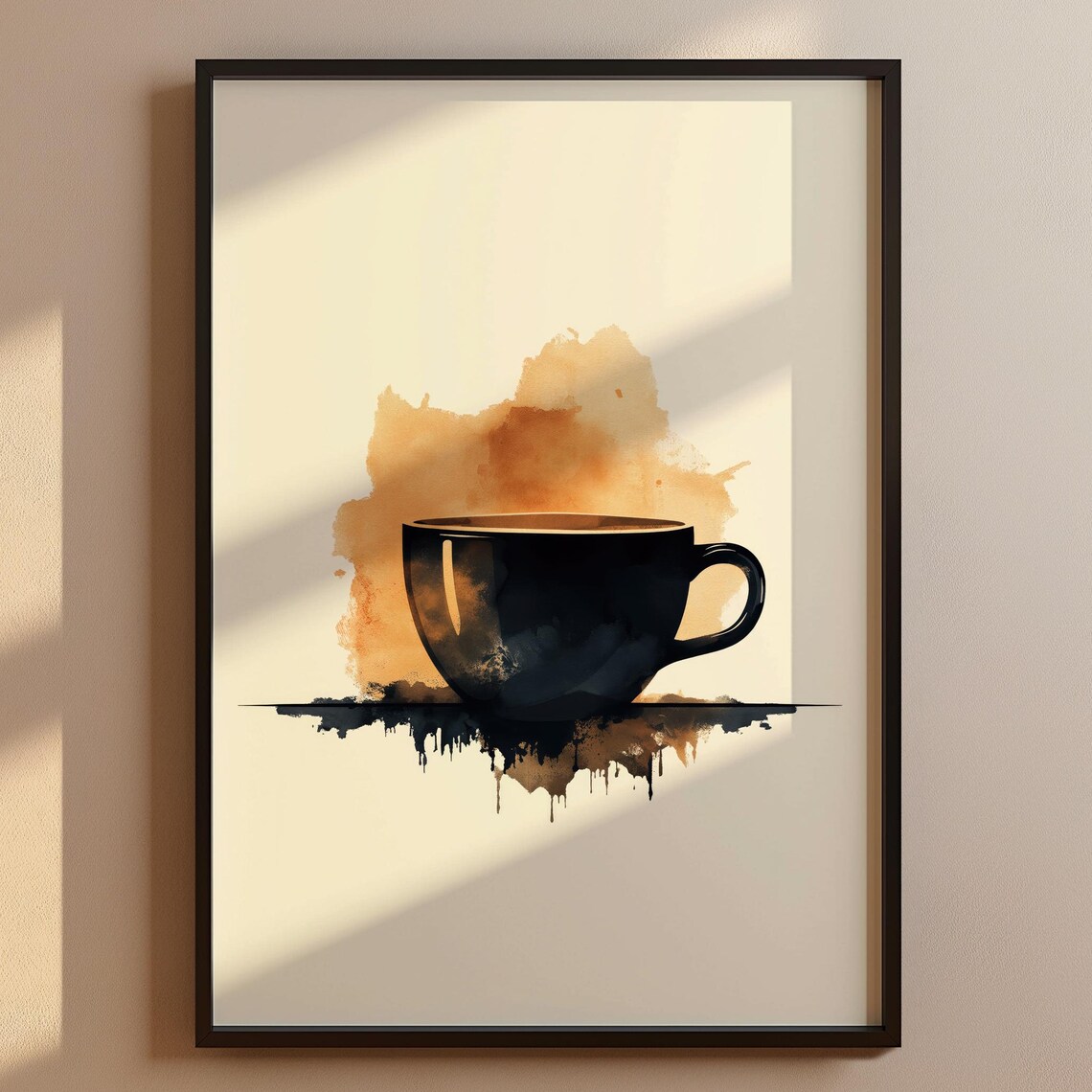 Black Coffee Cup Watercolor Poster Minimal Kitchen Beige Artwork