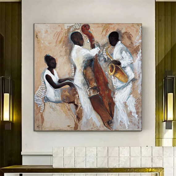 African Jazz Trio Piano Bass Saxophone Musicians Painting Poster