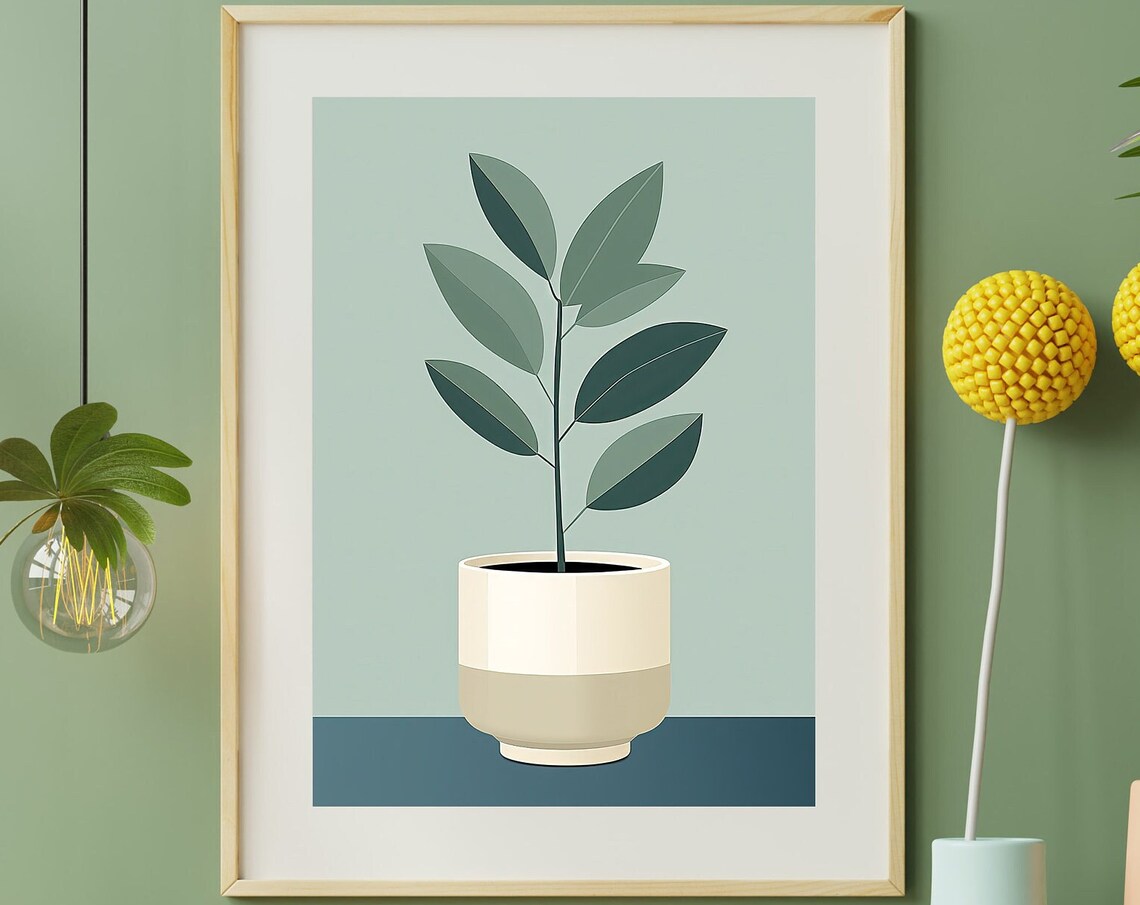 Minimalist Potted Plant Cream Pot Sage Green Botanical Art Poster - Image 4