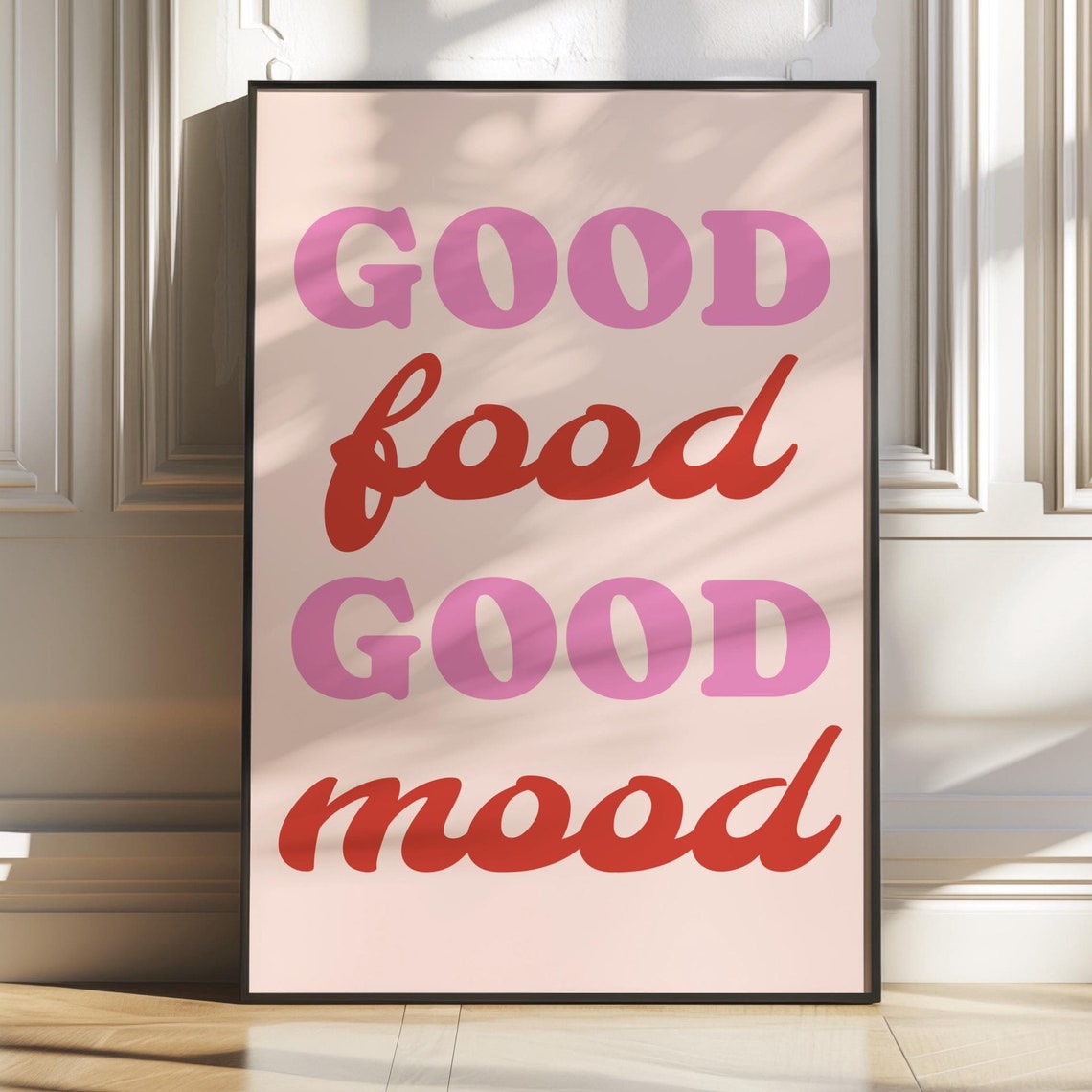 Good Food Good Mood Bold Retro Pink Typography Kitchen Decor Poster