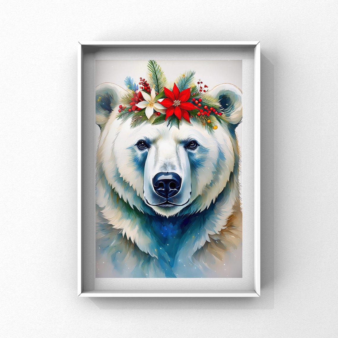 Polar Bear with Red Poinsettia Crown Holiday Painting Poster