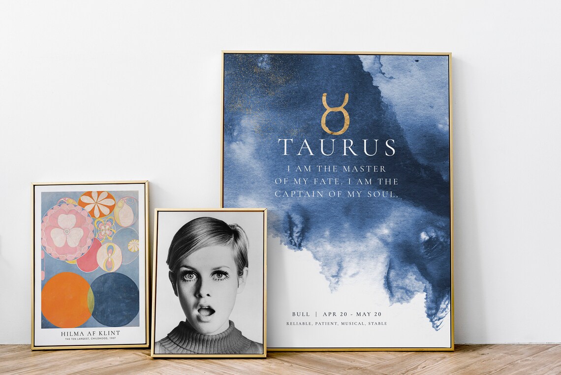 Taurus Zodiac Gold Symbol Blue Watercolor Motivational Quote Wall Print - Image 3