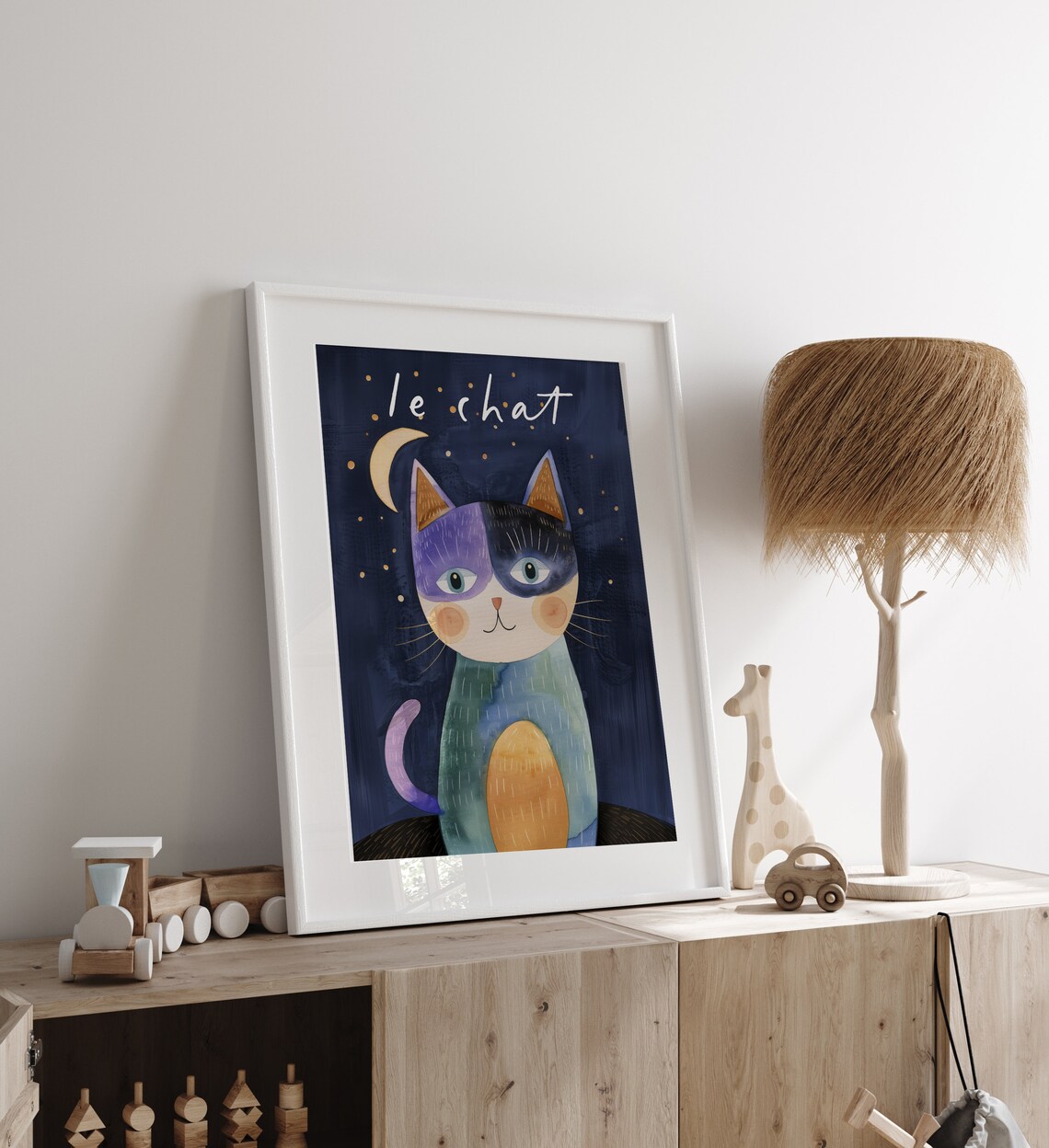 Le Chat Night Cat Nursery Print Starry Sky Moon Whimsical Animal Poster - Image 3