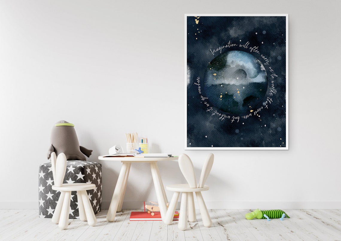 Carl Sagan Imagination Quote Moon Navy Watercolor Universe Poster - Image 2