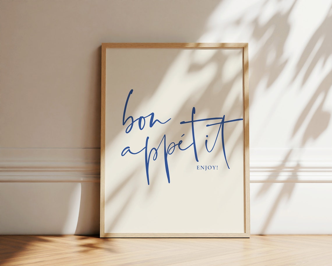 Bon Appetit Enjoy Blue Script Minimalist French Kitchen Dining Poster