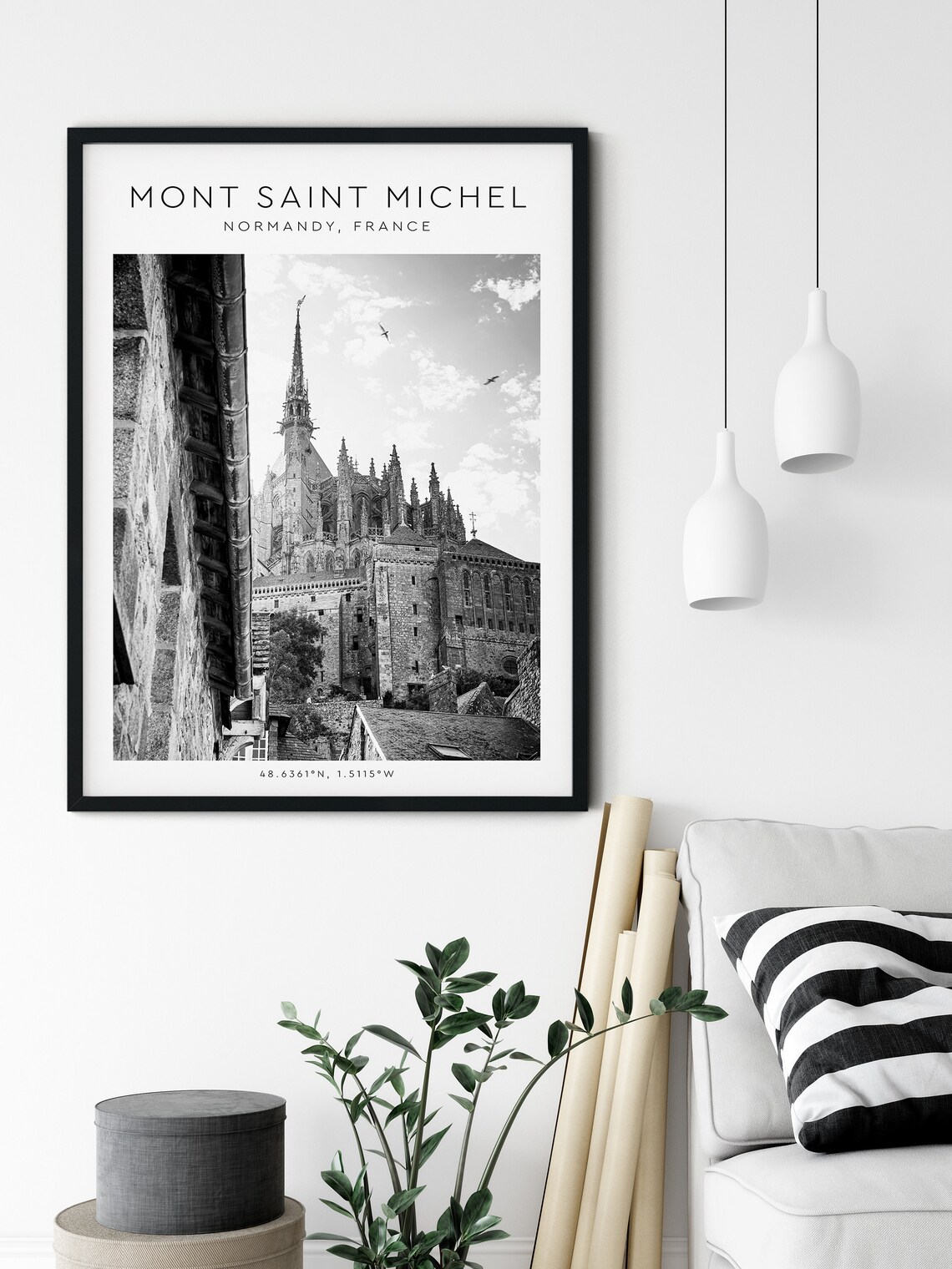 Mont Saint Michel Normandy Abbey Spire Black And White Coordinates Poster - Image 2
