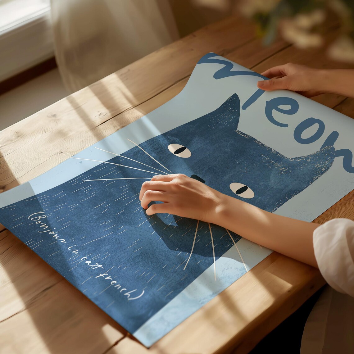 Meow Blue Cat French Bonjour Cute Nursery Kids Animal Wall Poster - Image 5