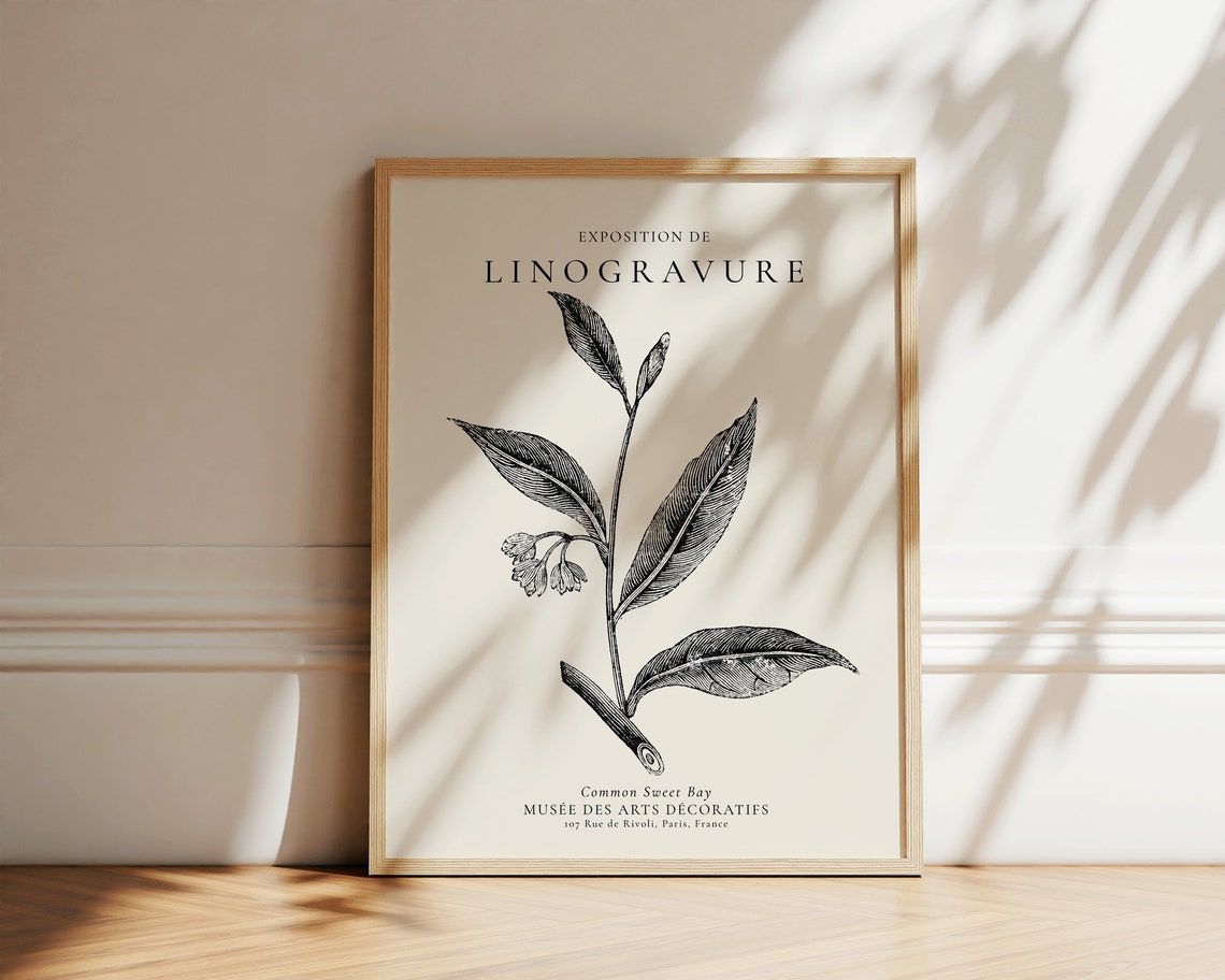 Exposition De Linogravure Botanical Leaf Engraving French Art Poster