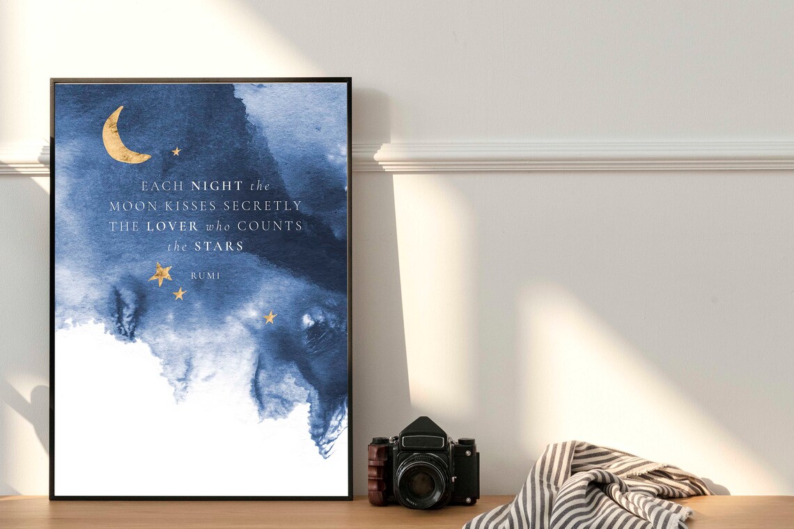 Each Night Moon Kisses Secretly Lover Rumi Quote Navy Stars Wall Art Print - Image 4