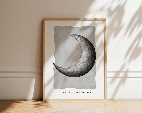 Love By The Moon Crescent Print Minimalist Black White Celestial Wall Art Poster