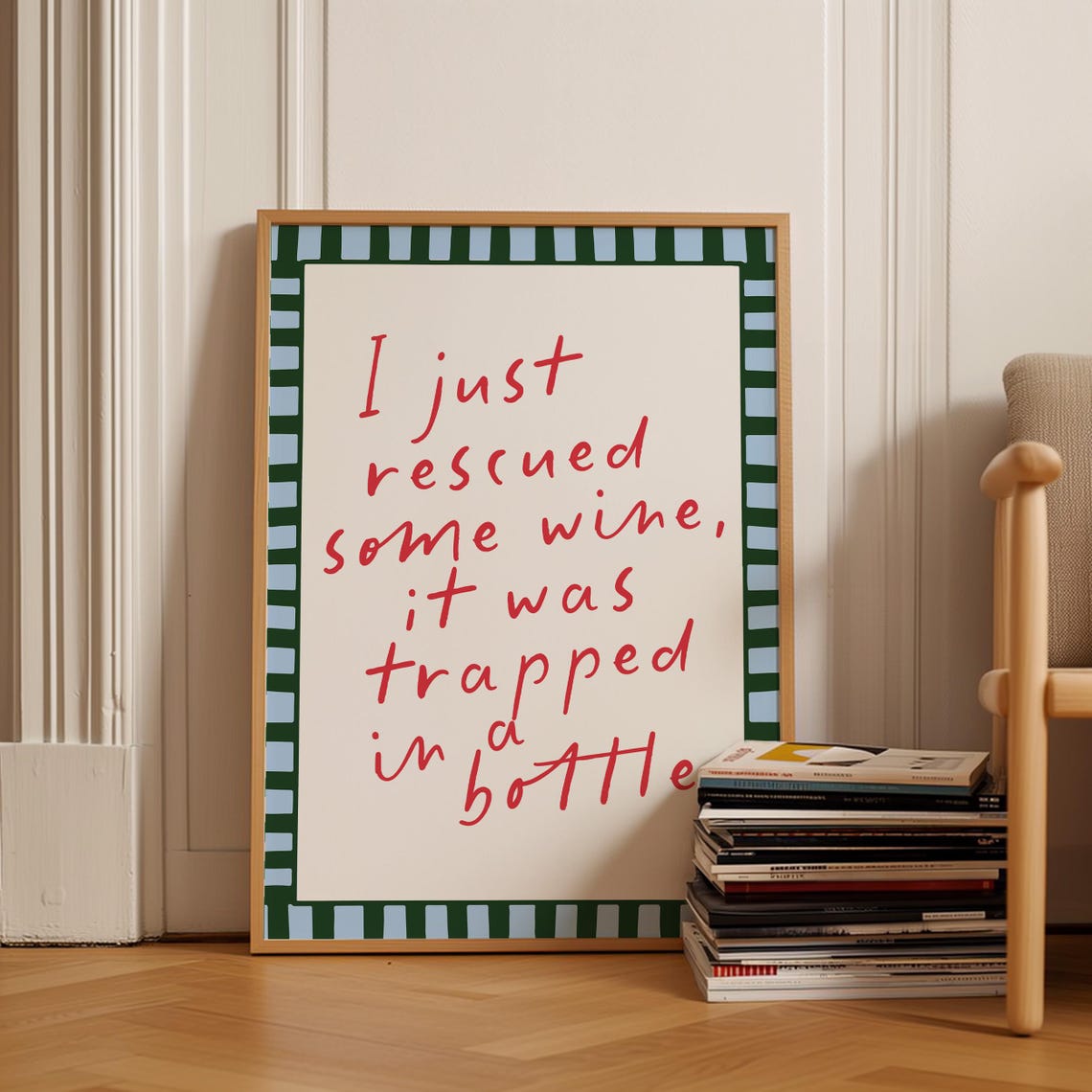 Funny Wine Rescue Quote Red Handwritten Green Checkered Kitchen Poster