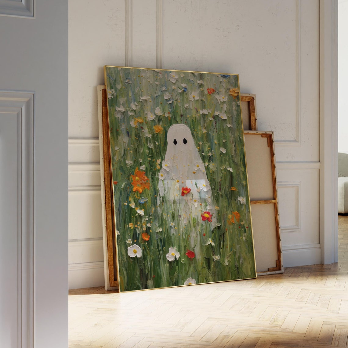 Cute Ghost in a Green Wildflower Meadow with Daisies Wall Poster - Image 4