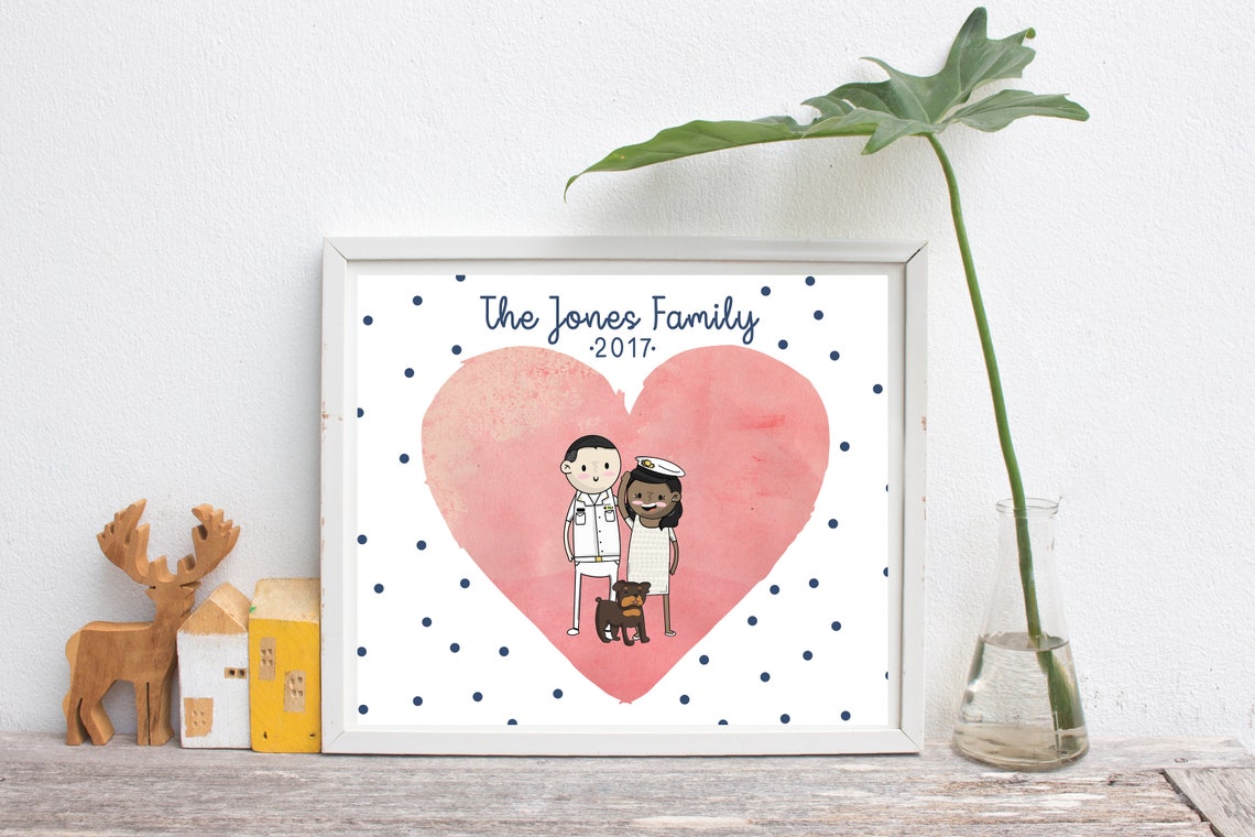Personalized Cartoon Couple Portrait With Dog Inside Pink Heart Poster