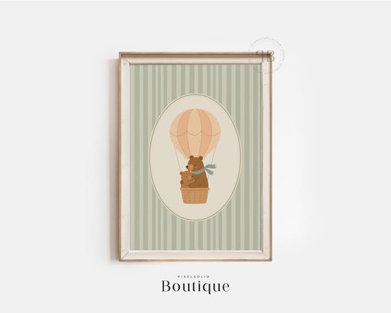Bear Nursery Wall Art Hot Air Balloon Baby Animal Illustration Cute Kids Room Neutral Decor Vintage Style No714