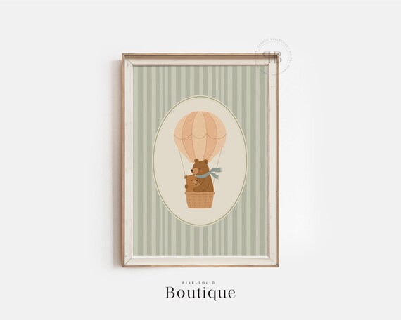 Cute Bears In A Hot Air Balloon Vintage Nursery Animal Poster