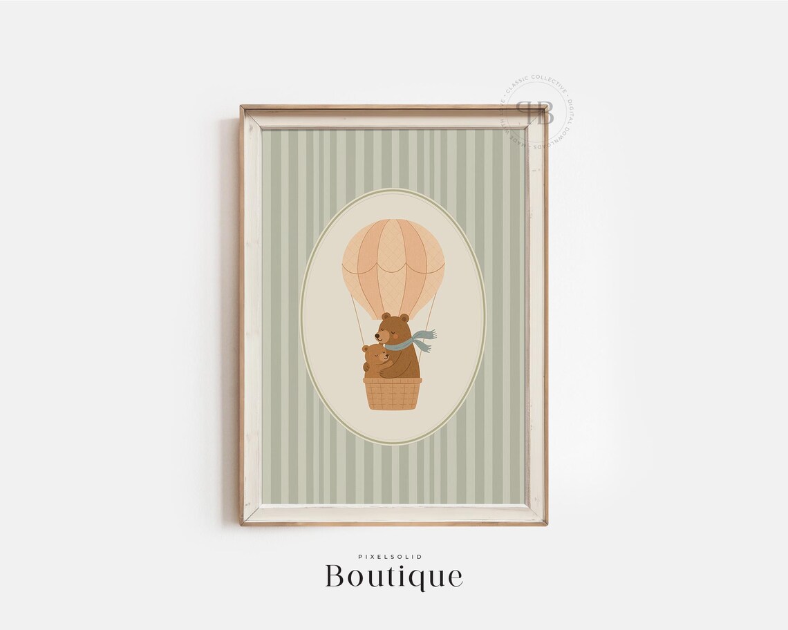 Cute Bears In A Hot Air Balloon Vintage Nursery Animal Poster