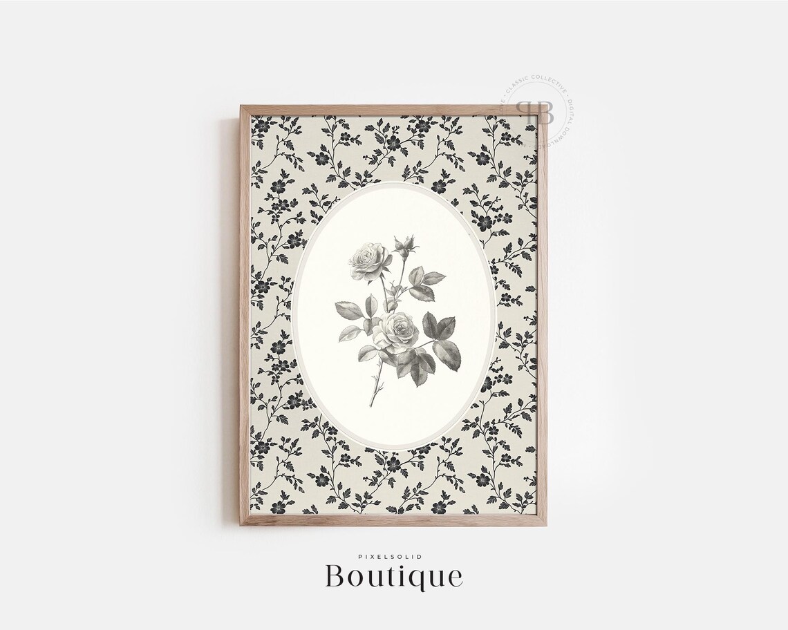 Black Floral Pattern Oval Rose Sketch Vintage Botanical Poster