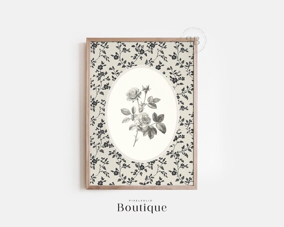 Black And White Rose Illustration Floral With Vintage Style Botanical Frame Wall Art For Farmhouse Decor No667