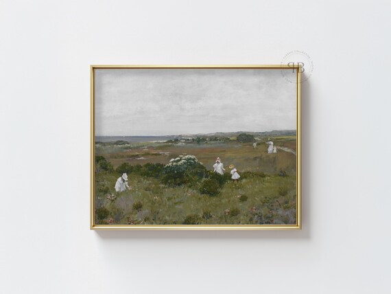 Impressionist Coastal Field Women Gathering Flowers Vintage Art Print