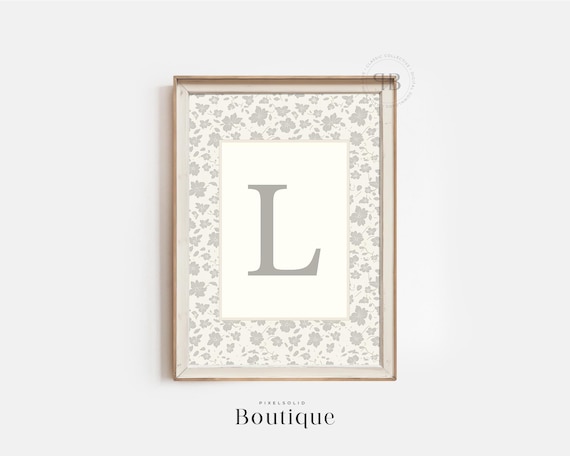 Floral Monogram Letter L Gray Botanical Nursery Wall Art Design