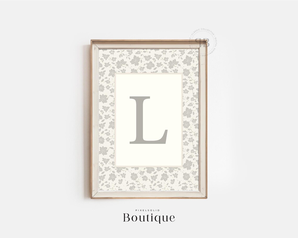 Floral Monogram Letter L Gray Botanical Nursery Wall Art Design