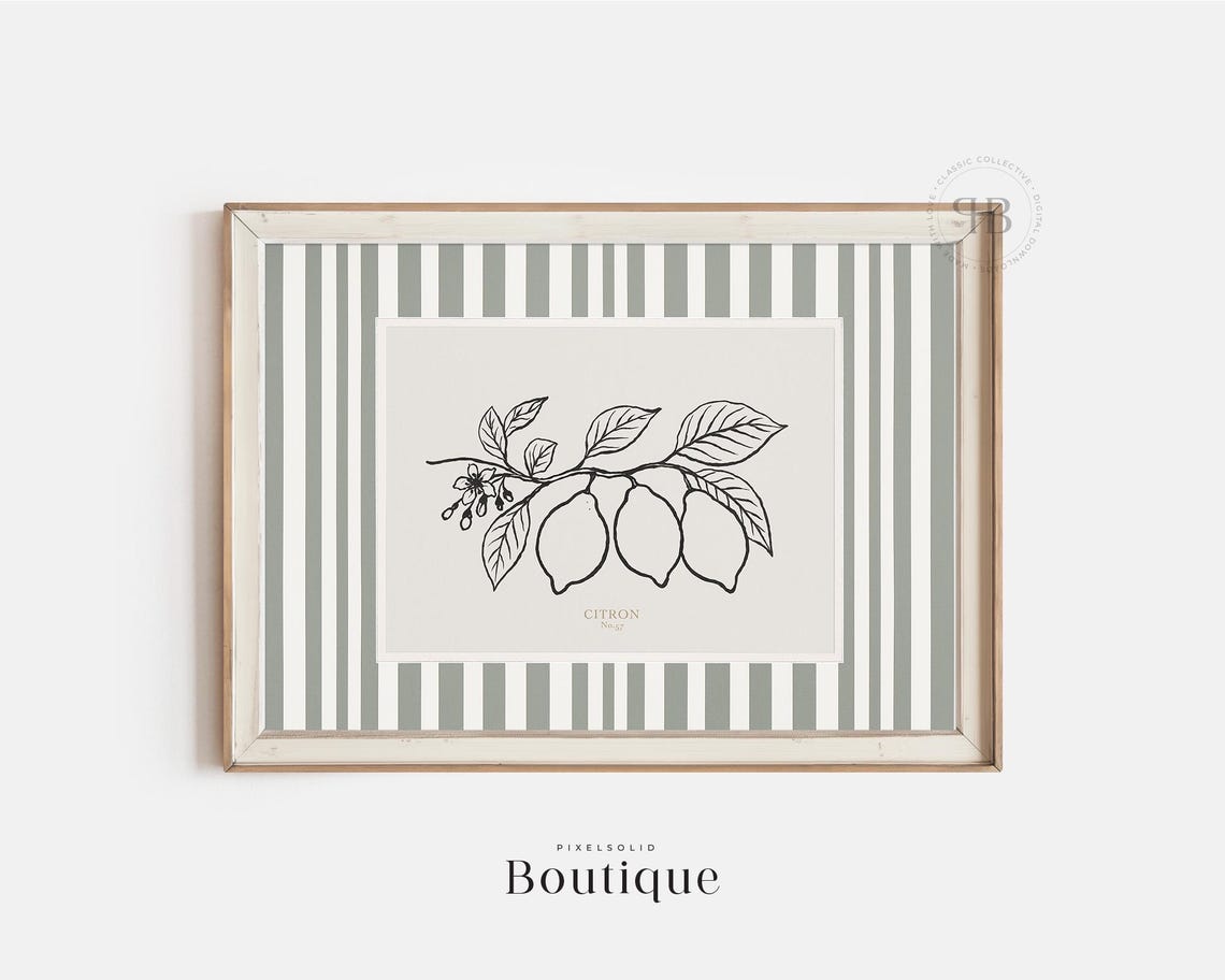 Citron Botanical Line Art Print Citrus Fruit Wall Decor French Kitchen Rustic Farmhouse Herb Vintage Style No744