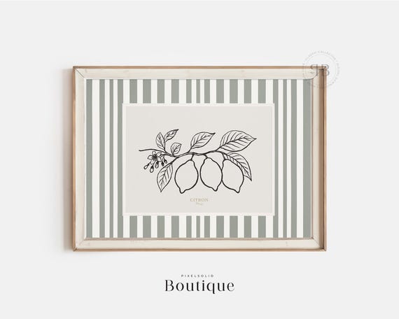 Citron Botanical Line Art Print Citrus Fruit Wall Decor French Kitchen Rustic Farmhouse Herb Vintage Style No744