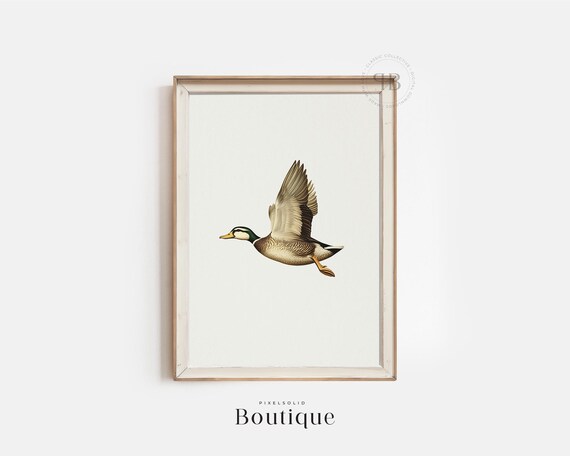 Flying Mallard Duck Print Minimalist Bird Illustration For Farmhouse Hunting Decor Neutral Wall Art Vintagestyle Drawing No553