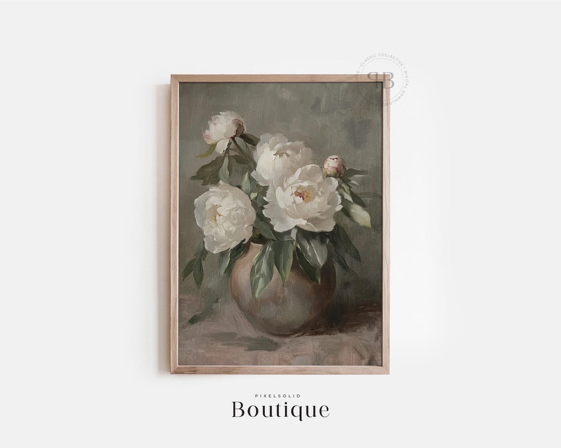 White Peony Still Life Neutral Floral Botanical Painting Art Print