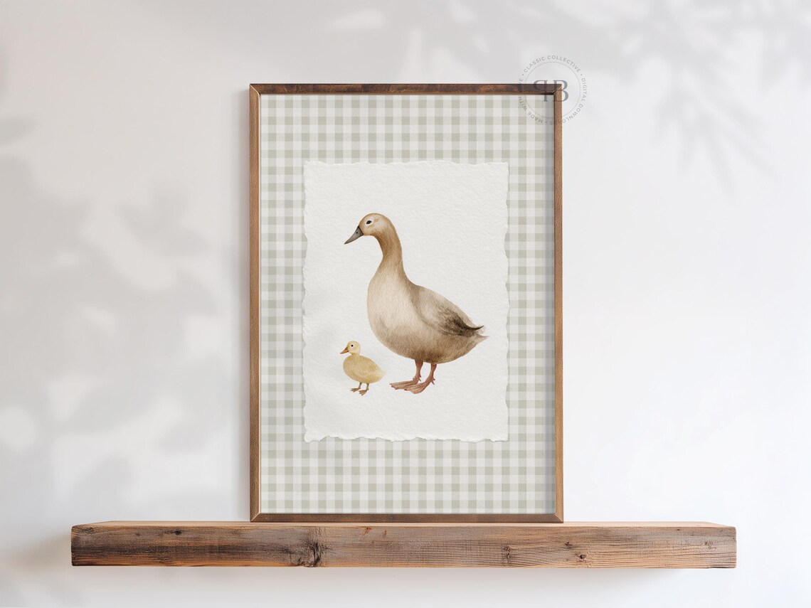 Mother Duck and Duckling Watercolor Farmhouse Nursery Wall Art