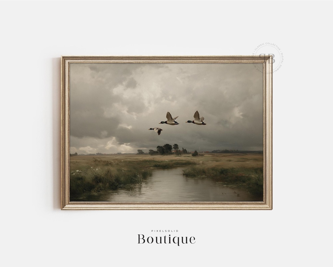 Flying Mallard Ducks Over Marsh, Vintage Lodge Art Print