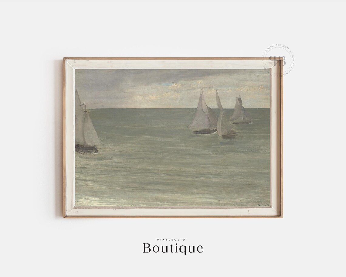 Muted Sailboat Seascape Vintage Ocean Boats Minimalist Coastal Art Poster