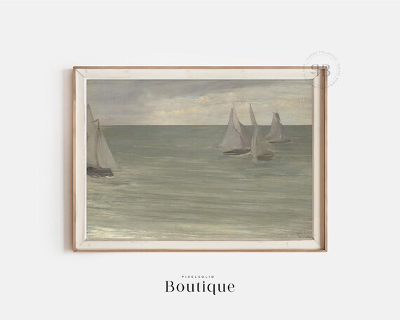 Muted Sailboat Seascape Vintage Ocean Boats Minimalist Coastal Art Poster