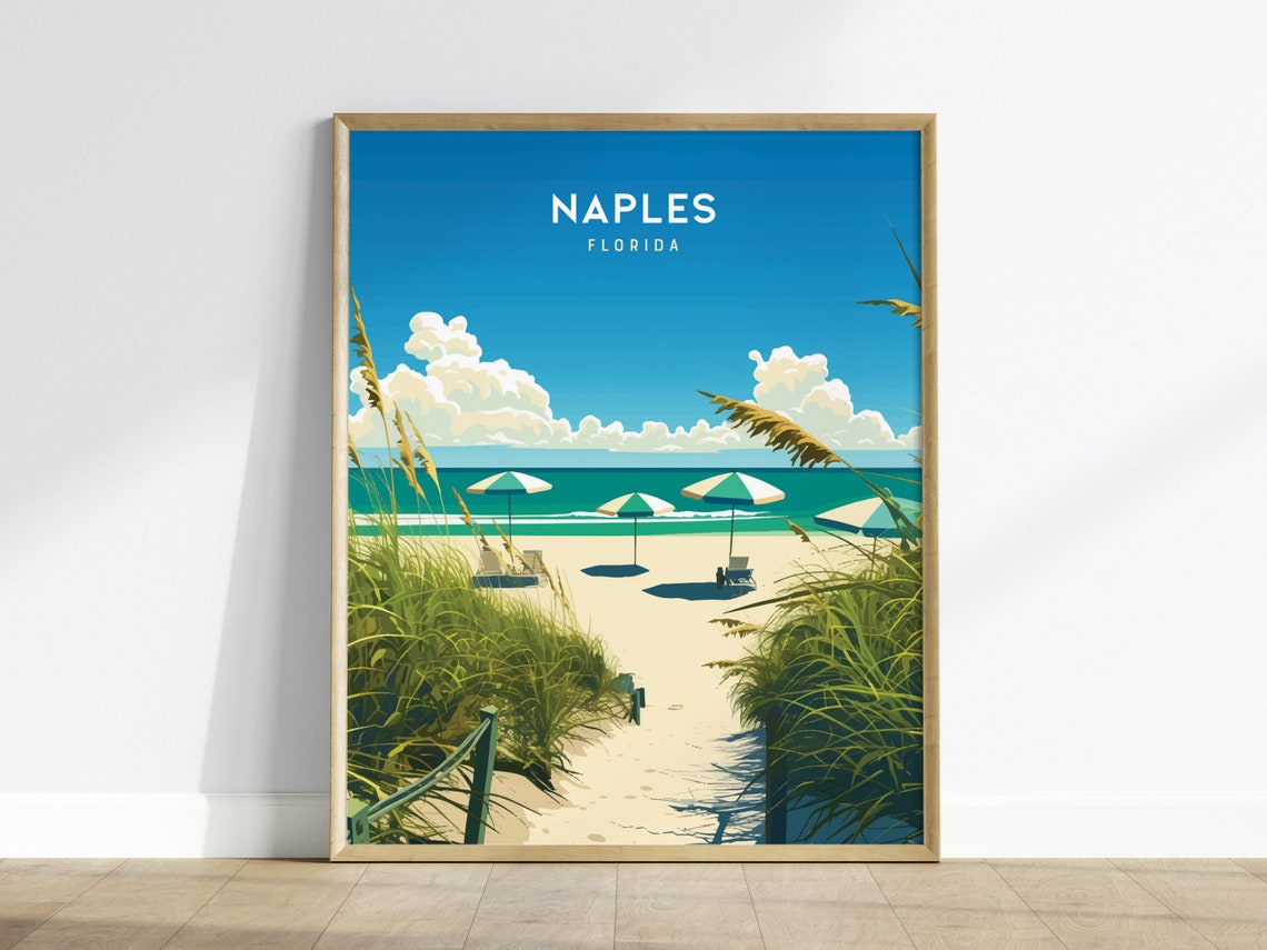 Naples Florida Beach Umbrellas Coastal Vintage Travel Poster