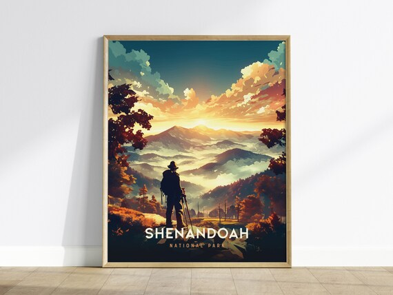 Shenandoah National Park Hiker Sunrise Misty Mountain Trails Poster