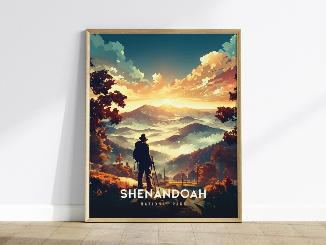 Shenandoah National Park Hiker Sunrise Misty Mountain Trails Poster