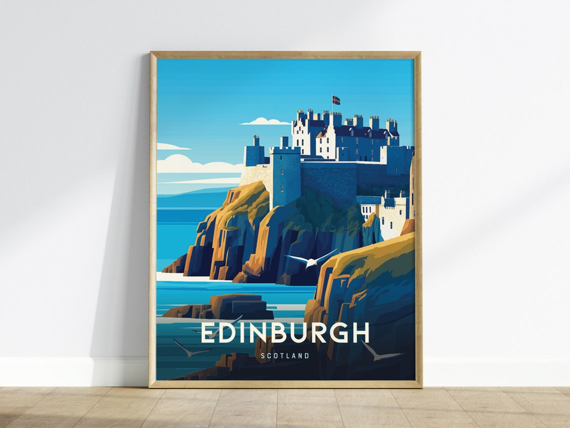Edinburgh Scotland Cliff Castle Seagulls Coastal Travel Poster