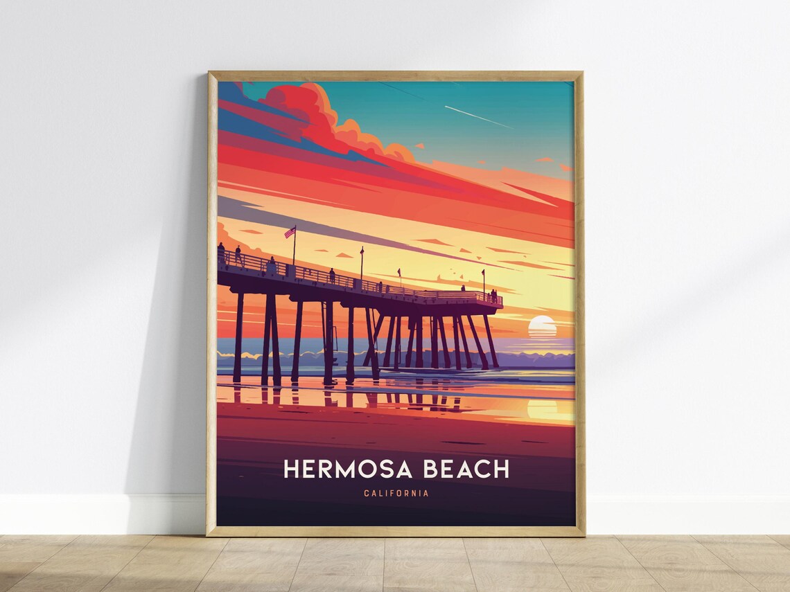 Hermosa Beach Pier California Sunset Travel Poster