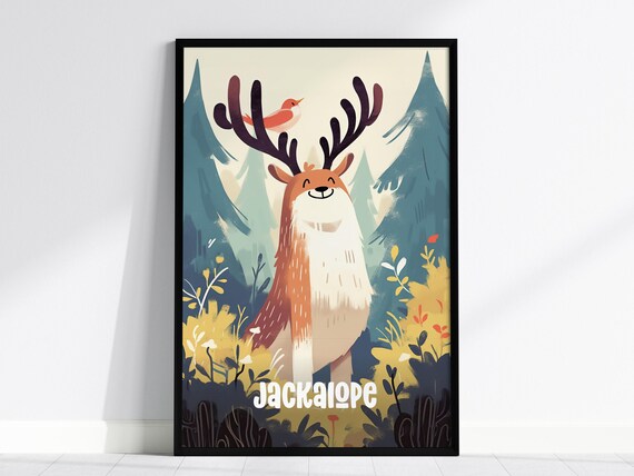 Jackalope Cute Cryptids Series Kids Room Framed Poster Art Toddler Boys Bedroom Childs Nursery Print Woodland Myth Lore Cryptozoology Set