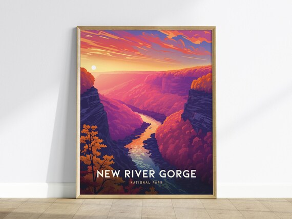 New River Gorge National Park Travel Poster Canyon Sunset River Wall Decor