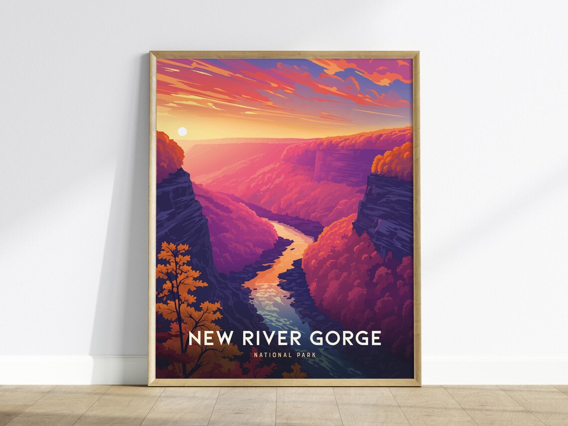 New River Gorge National Park Travel Poster Canyon Sunset River Wall Decor