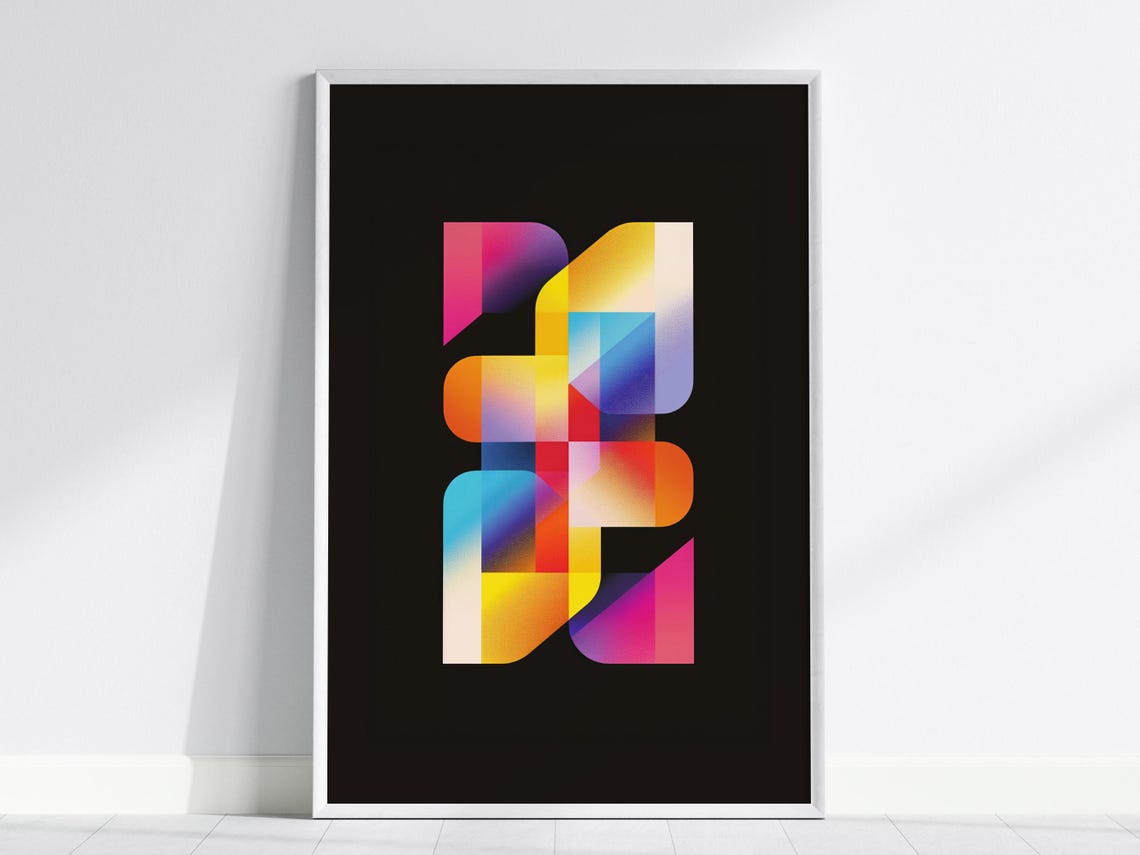 Retro 80s Neon Gradient Interlocking Shapes Modern Abstract Art Print